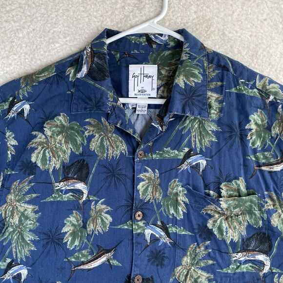 Guy Harvey AFTCO Hawaiian Shirt Mens Large Fish Print Blue Palm Tree AOP - Picture 6 of 13